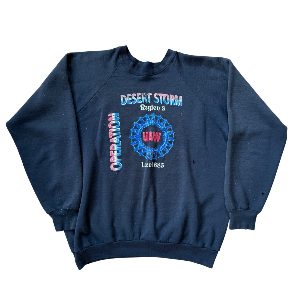 Vintage Desert Storm Sweatshirt UAW Local 685 Mens XL Black Distressed Holes